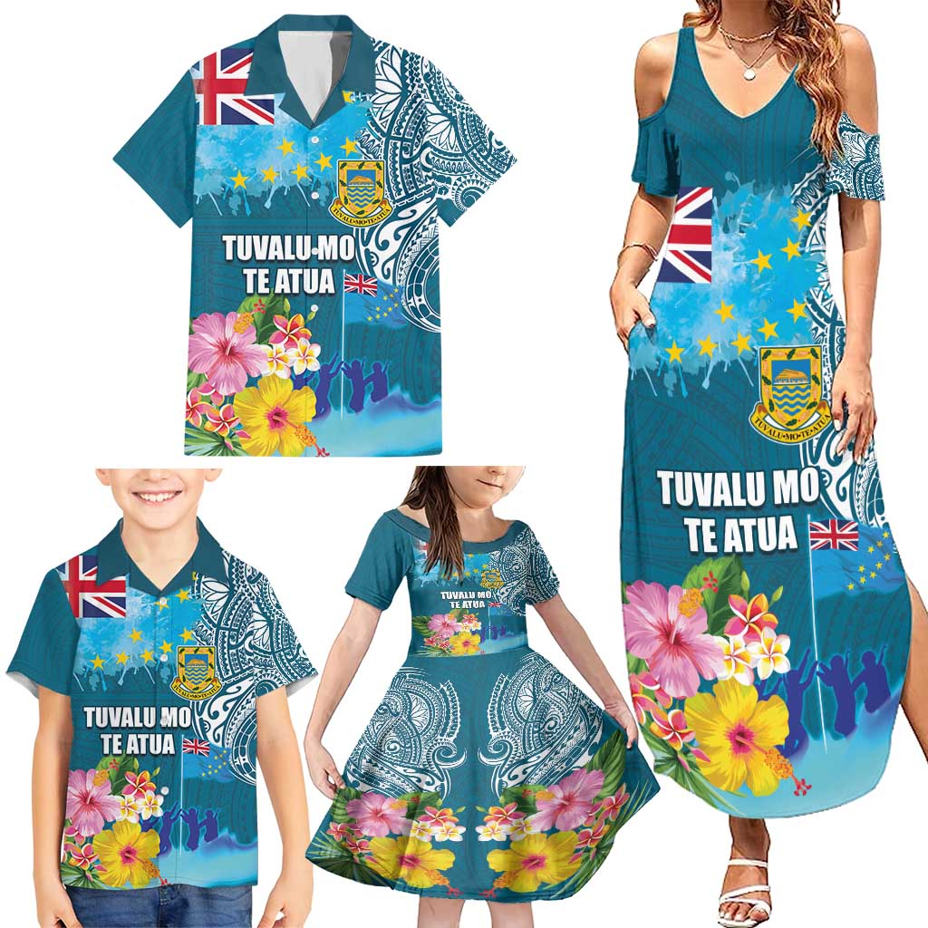 Personalised Tuvalu Independence Day Family Matching Summer Maxi Dress and Hawaiian Shirt Tuvaluan Tribal Flag Style LT03 - Polynesian Pride