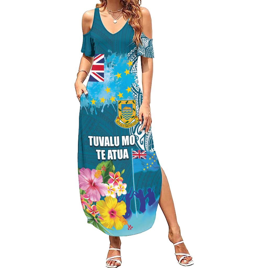 Personalised Tuvalu Independence Day Family Matching Summer Maxi Dress and Hawaiian Shirt Tuvaluan Tribal Flag Style LT03 Mom's Dress Turquoise - Polynesian Pride