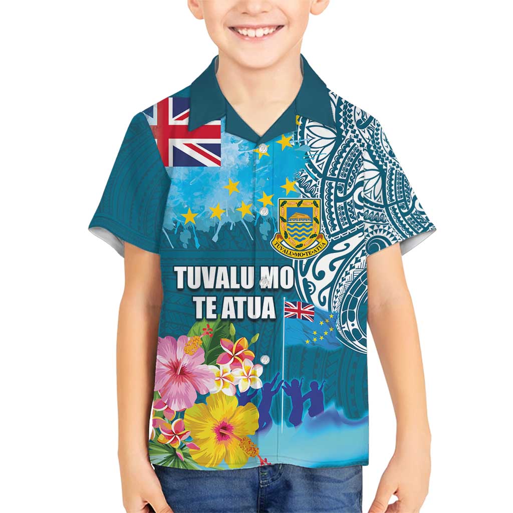 Personalised Tuvalu Independence Day Family Matching Summer Maxi Dress and Hawaiian Shirt Tuvaluan Tribal Flag Style LT03 Son's Shirt Turquoise - Polynesian Pride
