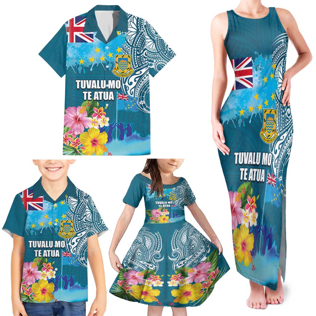 Personalised Tuvalu Independence Day Family Matching Tank Maxi Dress and Hawaiian Shirt Tuvaluan Tribal Flag Style LT03 - Polynesian Pride