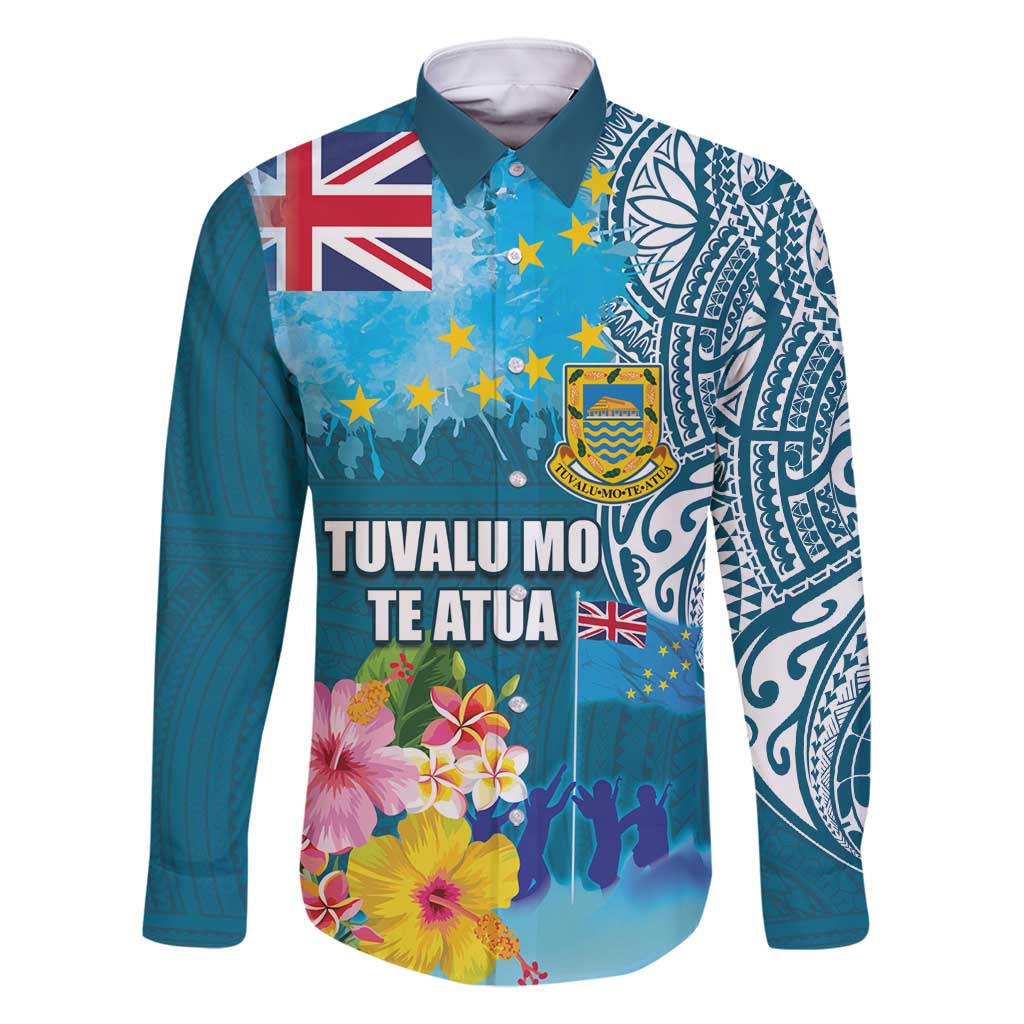 Personalised Tuvalu Independence Day Family Matching Tank Maxi Dress and Hawaiian Shirt Tuvaluan Tribal Flag Style LT03 Dad's Shirt - Long Sleeve Turquoise - Polynesian Pride