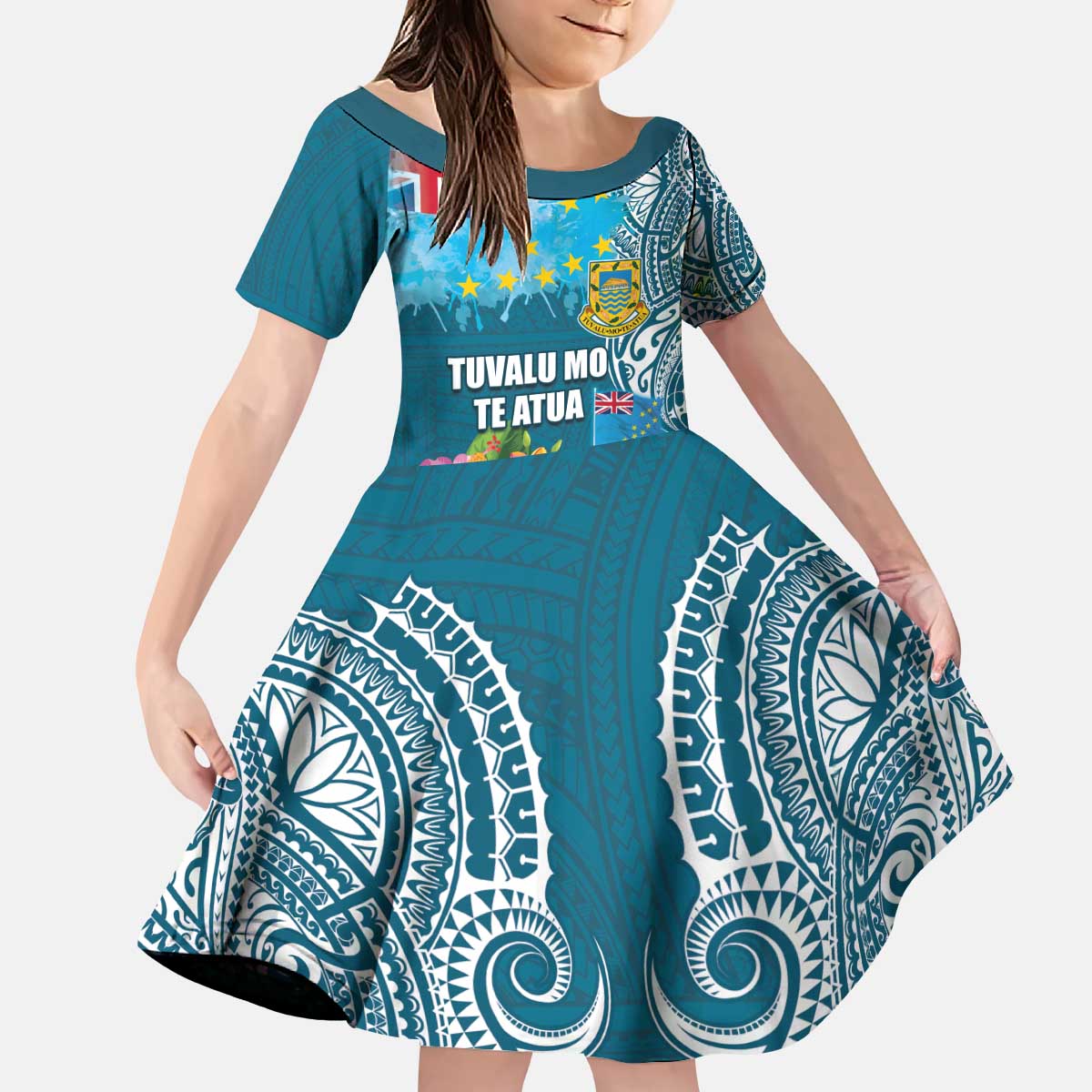 Personalised Tuvalu Independence Day Kid Short Sleeve Dress Tuvaluan Tribal Flag Style LT03 KID Turquoise - Polynesian Pride