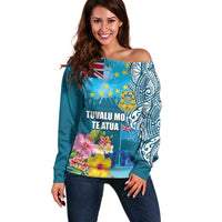 Personalised Tuvalu Independence Day Off Shoulder Sweater Tuvaluan Tribal Flag Style LT03 Women Turquoise - Polynesian Pride