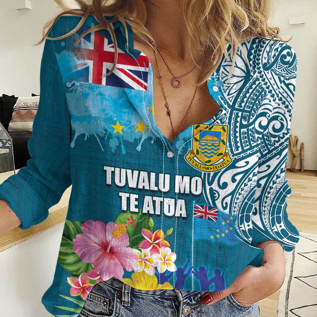 Personalised Tuvalu Independence Day Women Casual Shirt Tuvaluan Tribal Flag Style LT03 Female Turquoise - Polynesian Pride