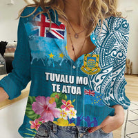 Personalised Tuvalu Independence Day Women Casual Shirt Tuvaluan Tribal Flag Style LT03 Female Turquoise - Polynesian Pride