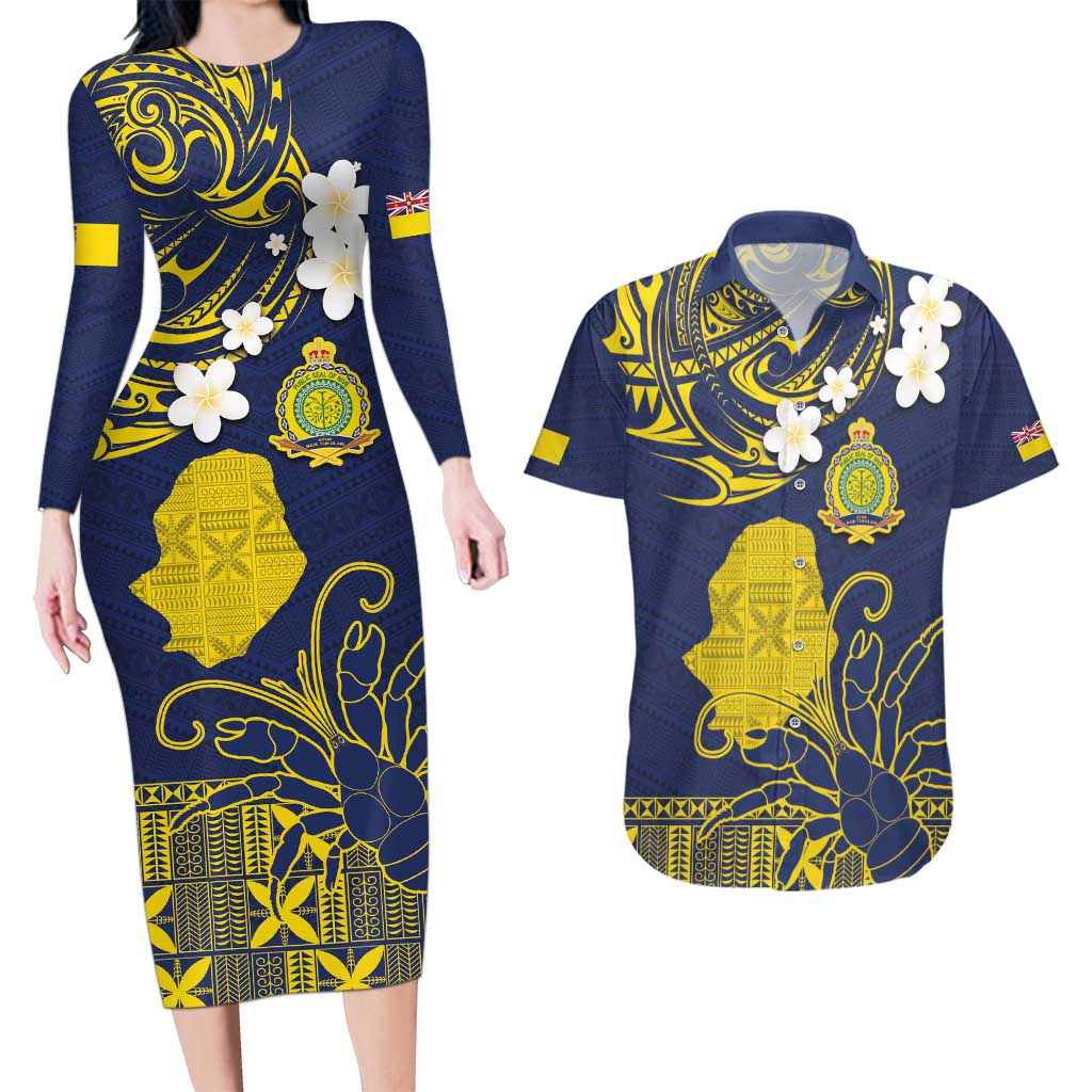 Niue Independence Day Couples Matching Long Sleeve Bodycon Dress and Hawaiian Shirt Hiapo Pattern Fiti Pua and Uga LT03 Yellow - Polynesian Pride