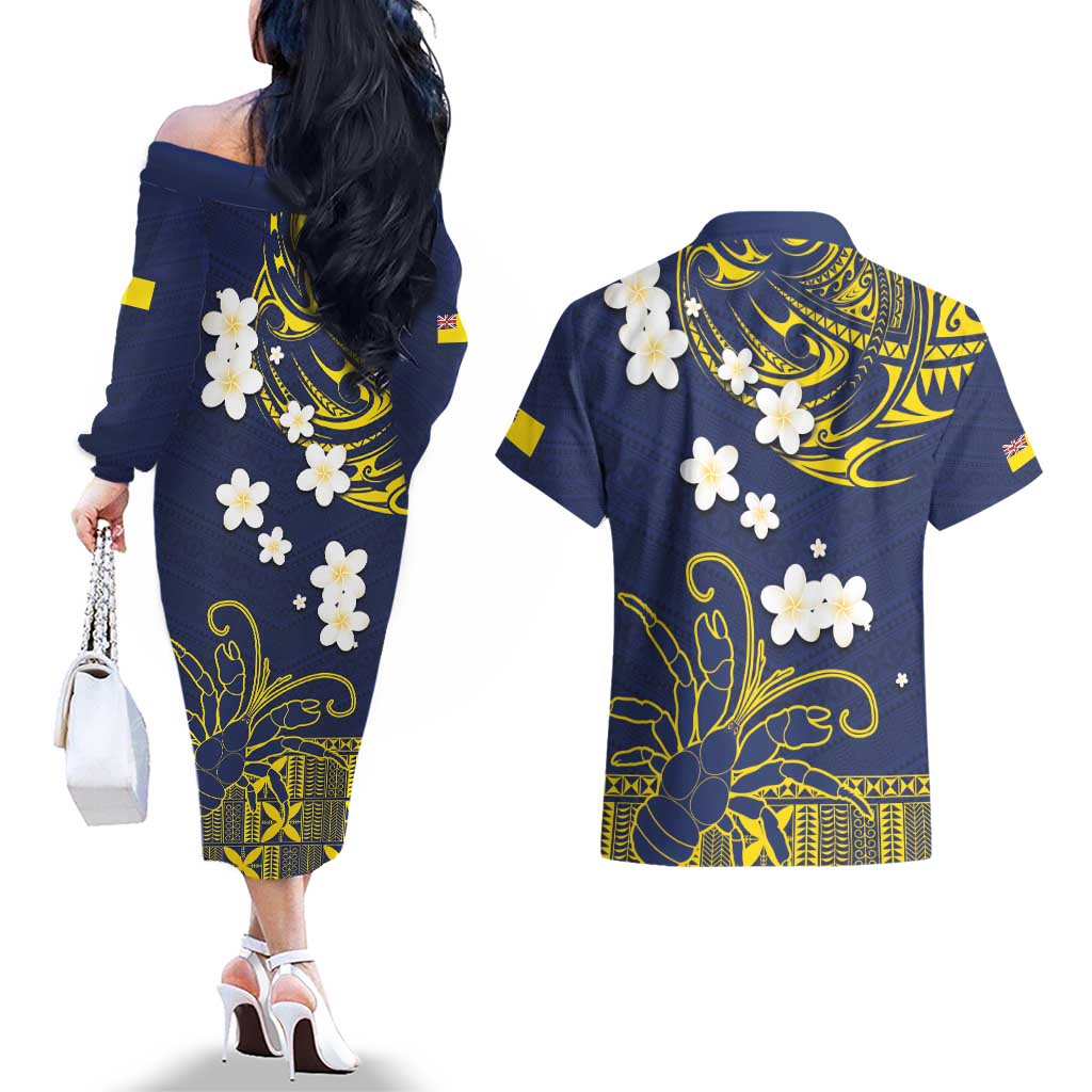Niue Independence Day Couples Matching Off The Shoulder Long Sleeve Dress and Hawaiian Shirt Hiapo Pattern Fiti Pua and Uga LT03 - Polynesian Pride