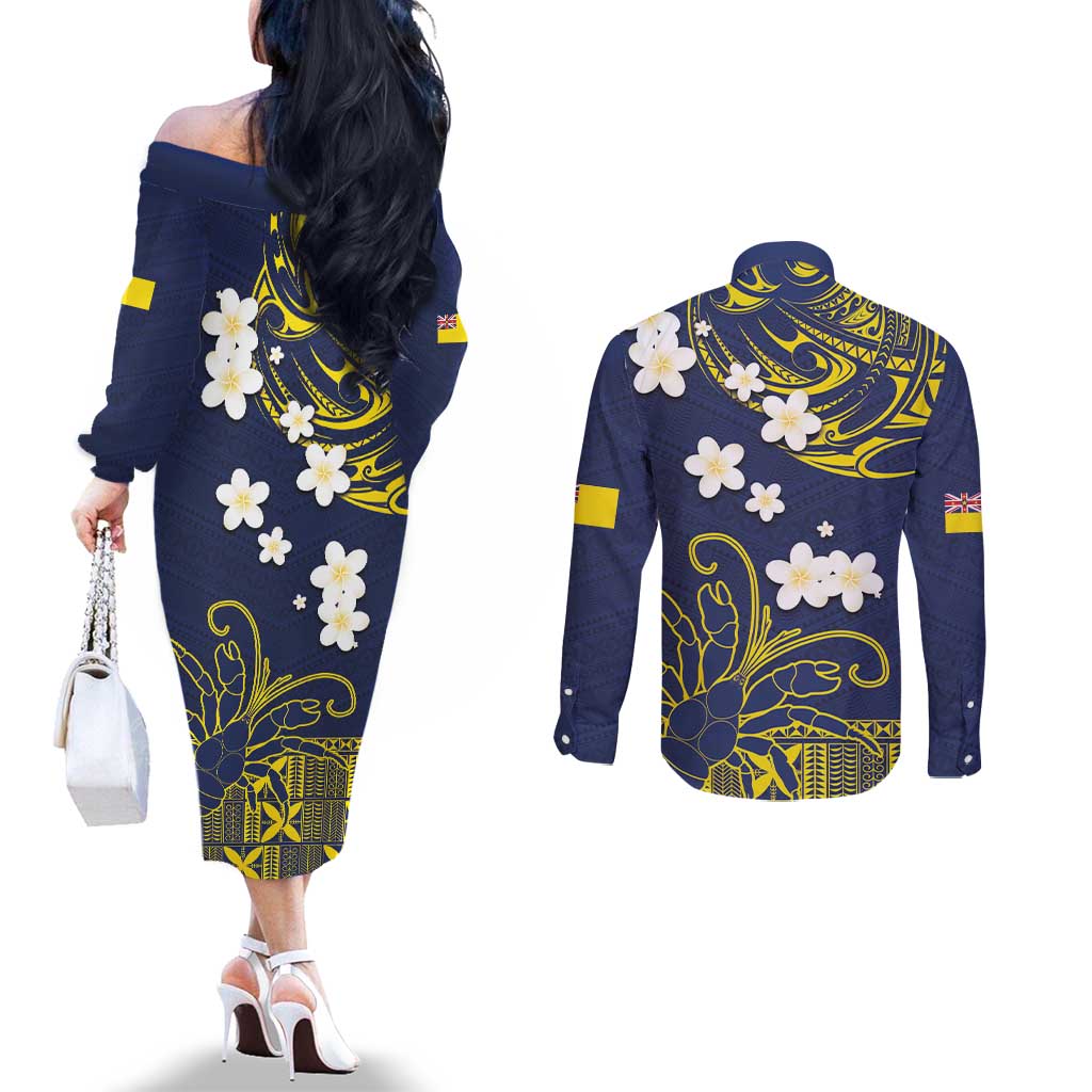 Niue Independence Day Couples Matching Off The Shoulder Long Sleeve Dress and Long Sleeve Button Shirt Hiapo Pattern Fiti Pua and Uga