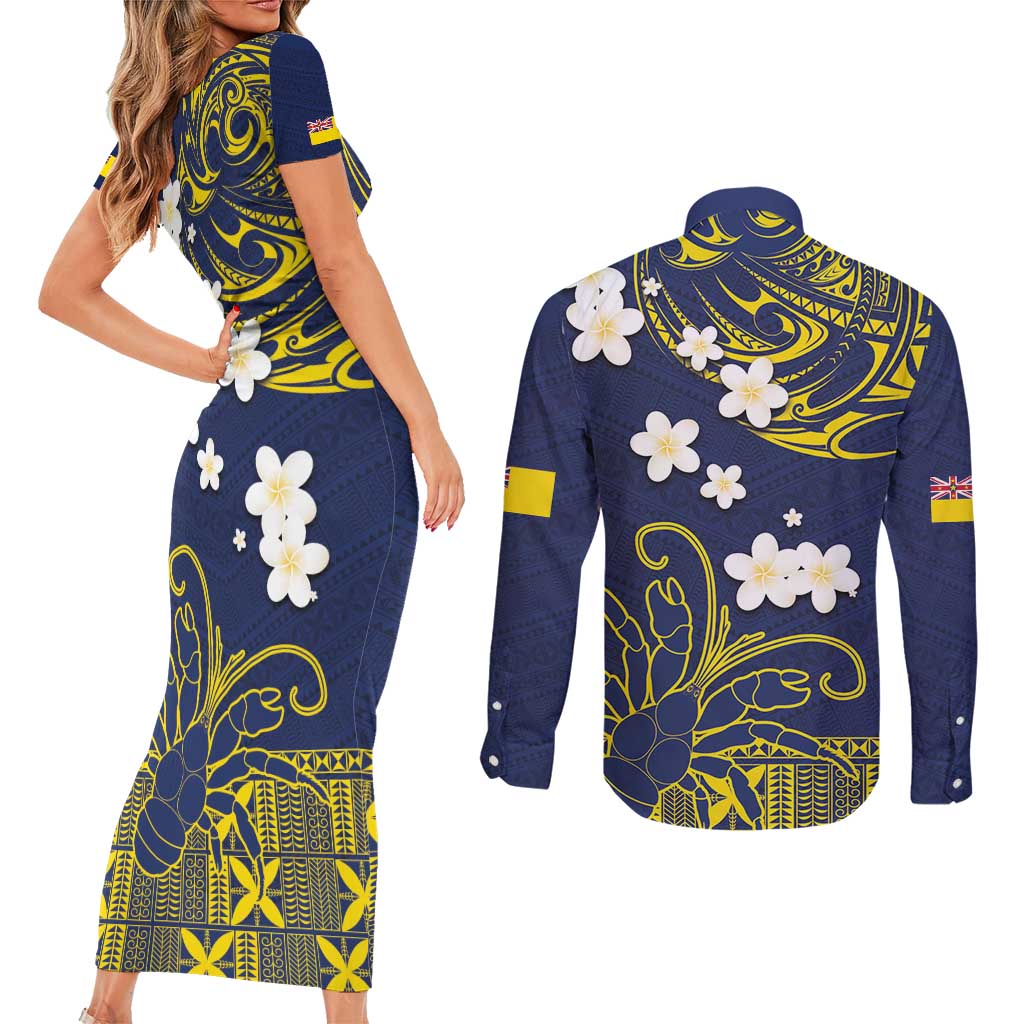 Niue Independence Day Couples Matching Short Sleeve Bodycon Dress and Long Sleeve Button Shirt Hiapo Pattern Fiti Pua and Uga