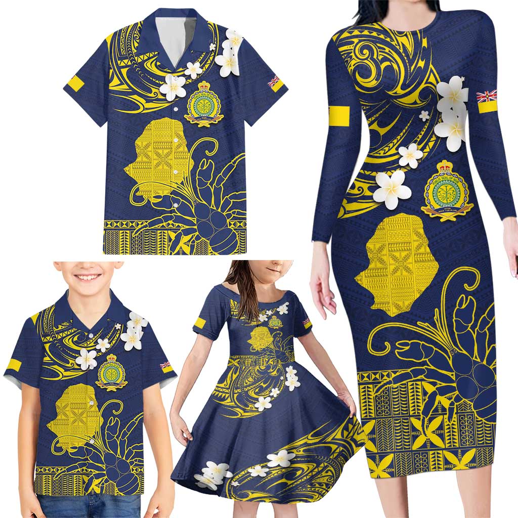 Niue Independence Day Family Matching Long Sleeve Bodycon Dress and Hawaiian Shirt Hiapo Pattern Fiti Pua and Uga LT03 - Polynesian Pride