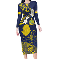Niue Independence Day Family Matching Long Sleeve Bodycon Dress and Hawaiian Shirt Hiapo Pattern Fiti Pua and Uga LT03 Mom's Dress Yellow - Polynesian Pride