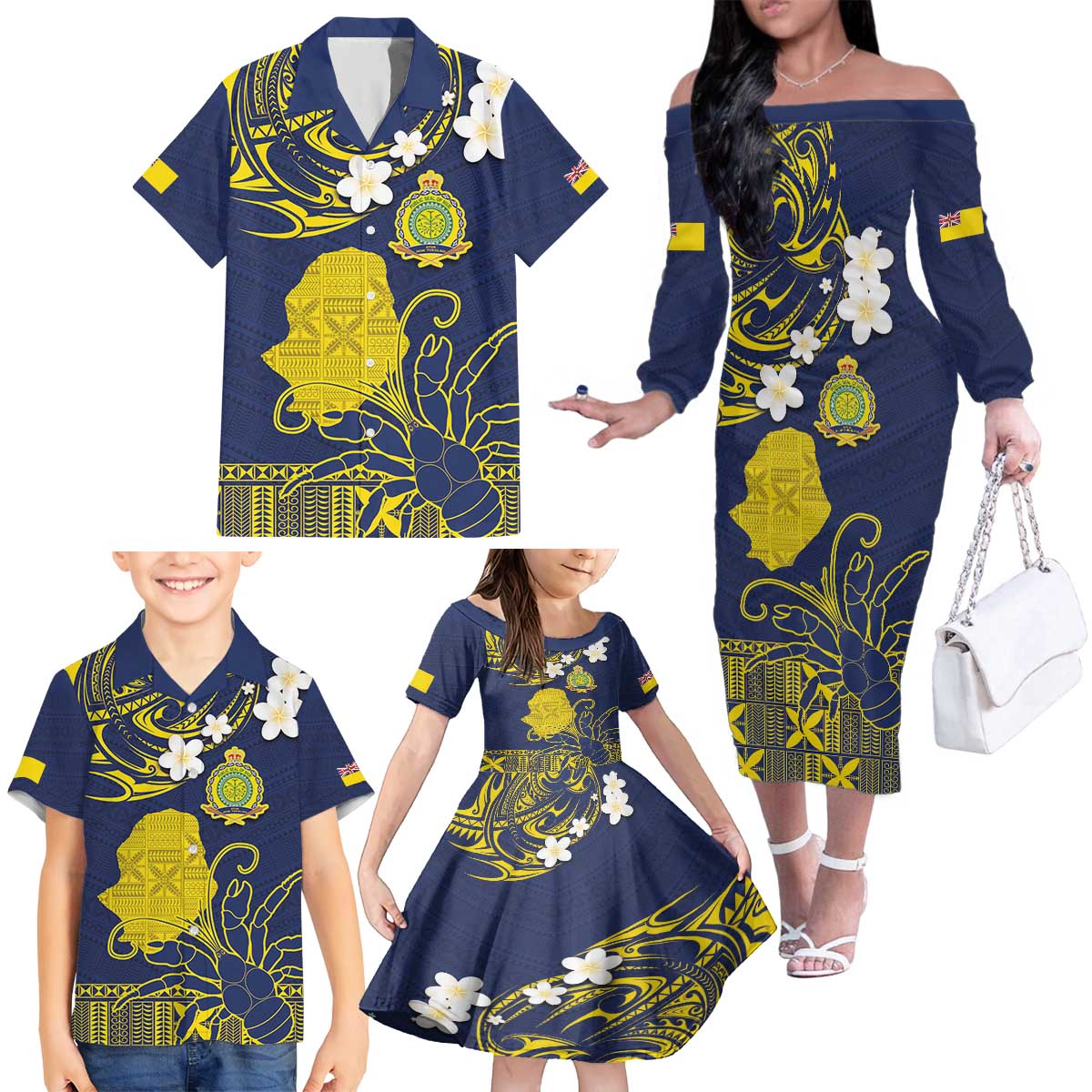 Niue Independence Day Family Matching Off The Shoulder Long Sleeve Dress and Hawaiian Shirt Hiapo Pattern Fiti Pua and Uga LT03 - Polynesian Pride