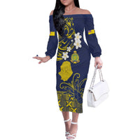 Niue Independence Day Family Matching Off The Shoulder Long Sleeve Dress and Hawaiian Shirt Hiapo Pattern Fiti Pua and Uga LT03 Mom's Dress Yellow - Polynesian Pride