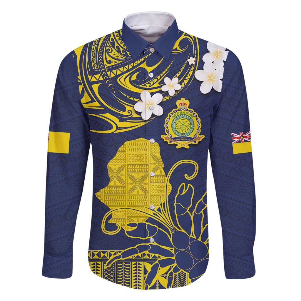 Niue Independence Day Family Matching Off Shoulder Maxi Dress and Hawaiian Shirt Hiapo Pattern Fiti Pua and Uga LT03 Dad's Shirt - Long Sleeve Yellow - Polynesian Pride