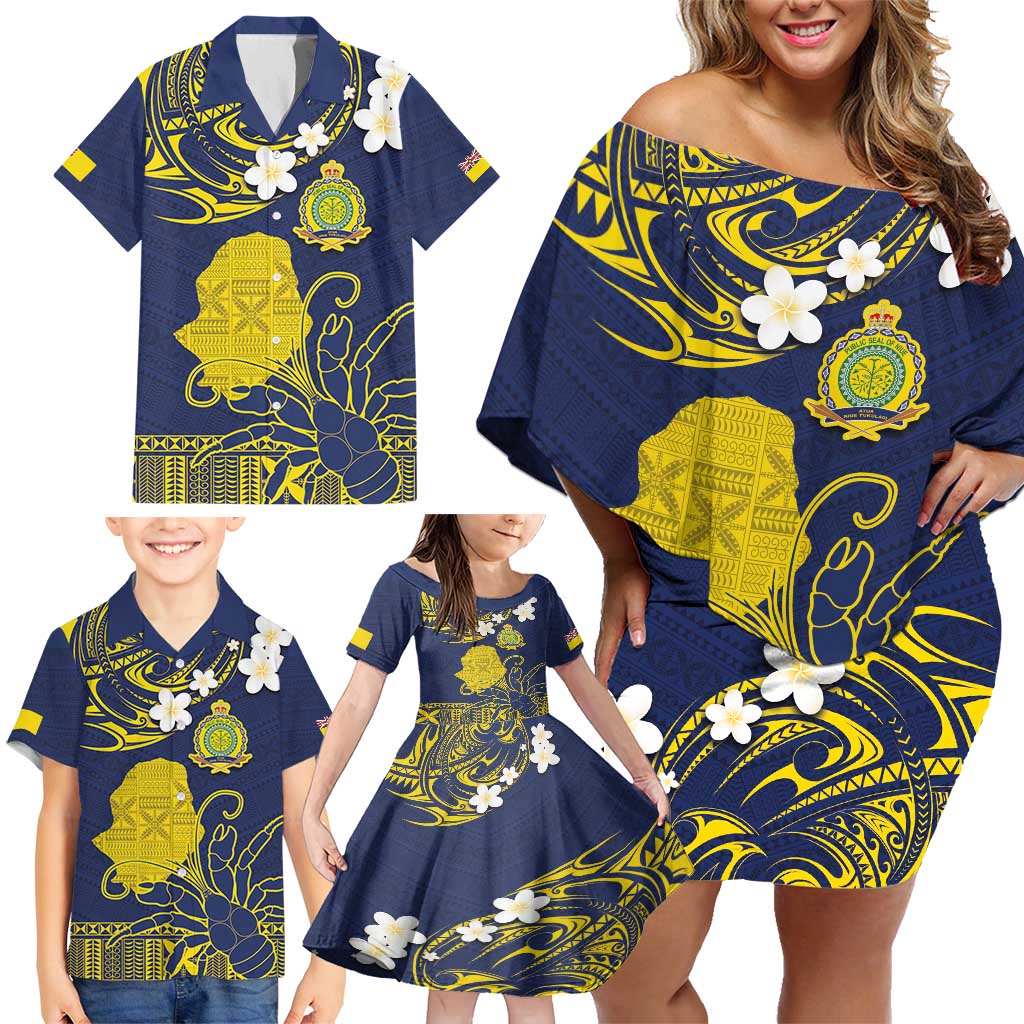 Niue Independence Day Family Matching Off Shoulder Short Dress and Hawaiian Shirt Hiapo Pattern Fiti Pua and Uga LT03 - Polynesian Pride