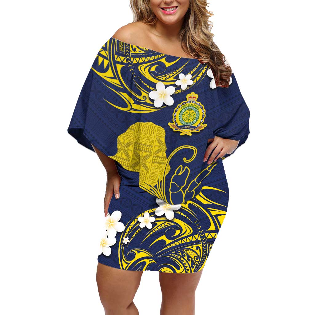 Niue Independence Day Family Matching Off Shoulder Short Dress and Hawaiian Shirt Hiapo Pattern Fiti Pua and Uga LT03 Mom's Dress Yellow - Polynesian Pride
