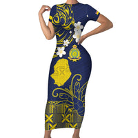 Niue Independence Day Family Matching Short Sleeve Bodycon Dress and Hawaiian Shirt Hiapo Pattern Fiti Pua and Uga LT03 Mom's Dress Yellow - Polynesian Pride