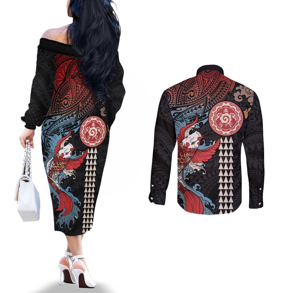 Hawaii and Japanese Together Couples Matching Off The Shoulder Long Sleeve Dress and Long Sleeve Button Shirt Koi Fish and Kakau Pattern