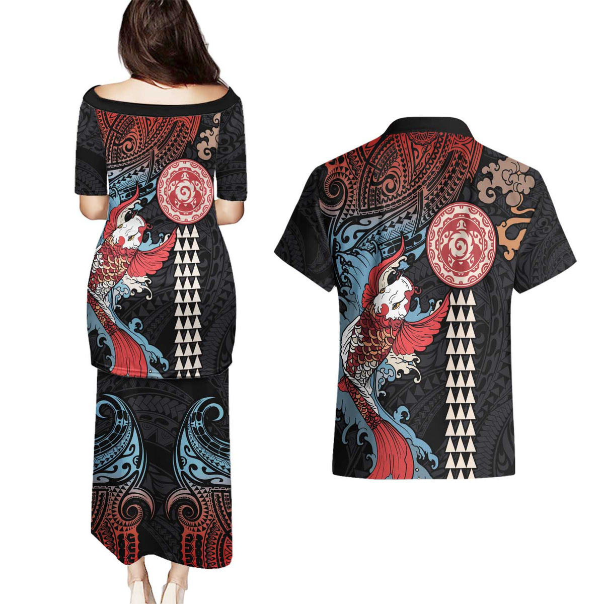Hawaii and Japanese Together Couples Matching Puletasi and Hawaiian Shirt Koi Fish and Kakau Pattern