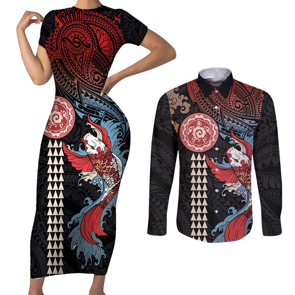 Hawaii and Japanese Together Couples Matching Short Sleeve Bodycon Dress and Long Sleeve Button Shirt Koi Fish and Kakau Pattern