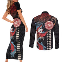 Hawaii and Japanese Together Couples Matching Short Sleeve Bodycon Dress and Long Sleeve Button Shirt Koi Fish and Kakau Pattern