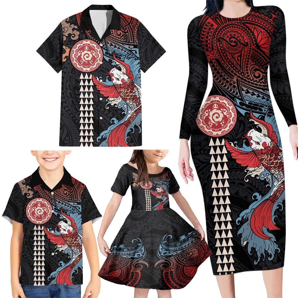 Hawaii and Japanese Together Family Matching Long Sleeve Bodycon Dress and Hawaiian Shirt Koi Fish and Kakau Pattern LT03 - Polynesian Pride