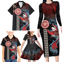 Hawaii and Japanese Together Family Matching Long Sleeve Bodycon Dress and Hawaiian Shirt Koi Fish and Kakau Pattern LT03 - Polynesian Pride