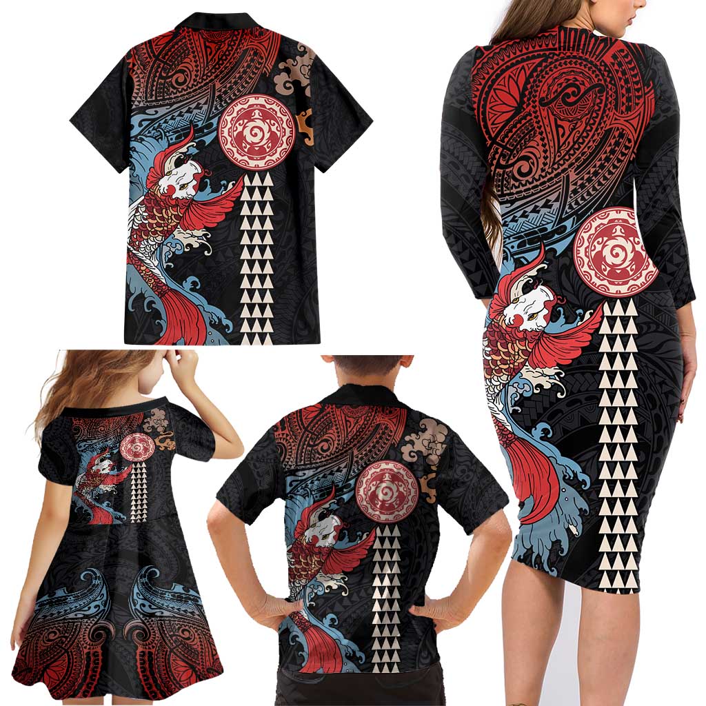 Hawaii and Japanese Together Family Matching Long Sleeve Bodycon Dress and Hawaiian Shirt Koi Fish and Kakau Pattern LT03 - Polynesian Pride