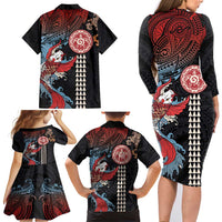 Hawaii and Japanese Together Family Matching Long Sleeve Bodycon Dress and Hawaiian Shirt Koi Fish and Kakau Pattern LT03 - Polynesian Pride