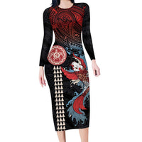 Hawaii and Japanese Together Family Matching Long Sleeve Bodycon Dress and Hawaiian Shirt Koi Fish and Kakau Pattern LT03 Mom's Dress Black - Polynesian Pride