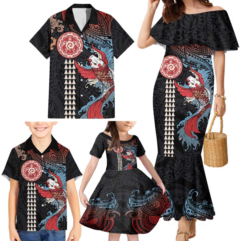 Hawaii and Japanese Together Family Matching Mermaid Dress and Hawaiian Shirt Koi Fish and Kakau Pattern LT03 - Polynesian Pride