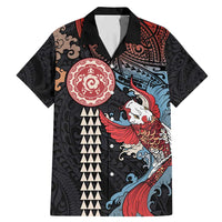 Hawaii and Japanese Together Family Matching Mermaid Dress and Hawaiian Shirt Koi Fish and Kakau Pattern LT03 Dad's Shirt - Short Sleeve Black - Polynesian Pride