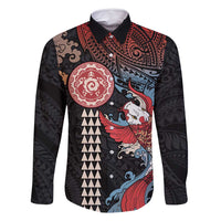 Hawaii and Japanese Together Family Matching Mermaid Dress and Hawaiian Shirt Koi Fish and Kakau Pattern LT03 Dad's Shirt - Long Sleeve Black - Polynesian Pride