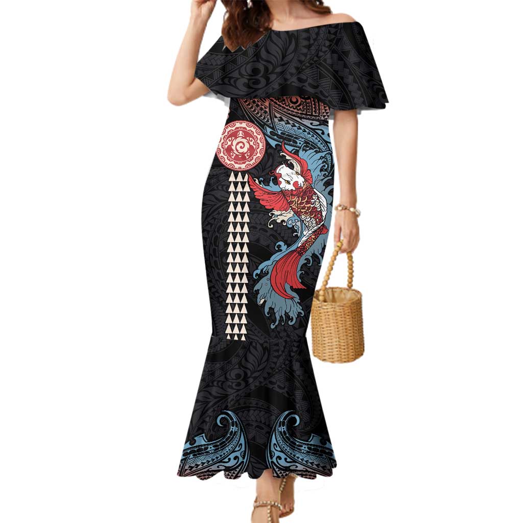 Hawaii and Japanese Together Family Matching Mermaid Dress and Hawaiian Shirt Koi Fish and Kakau Pattern LT03 Mom's Dress Black - Polynesian Pride