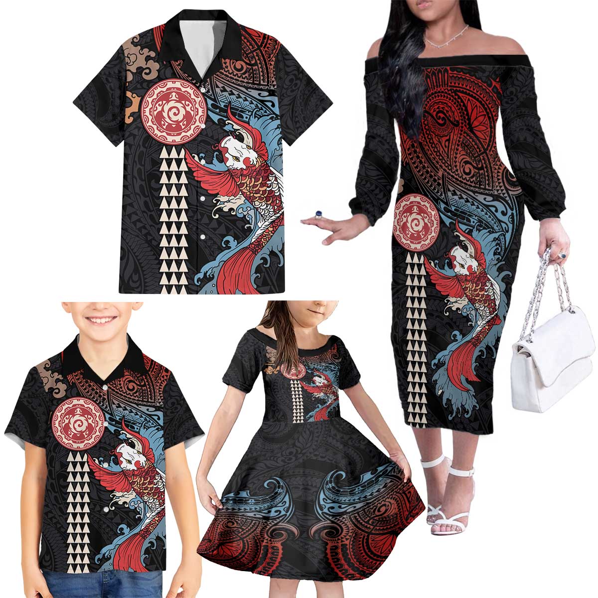 Hawaii and Japanese Together Family Matching Off The Shoulder Long Sleeve Dress and Hawaiian Shirt Koi Fish and Kakau Pattern LT03 - Polynesian Pride