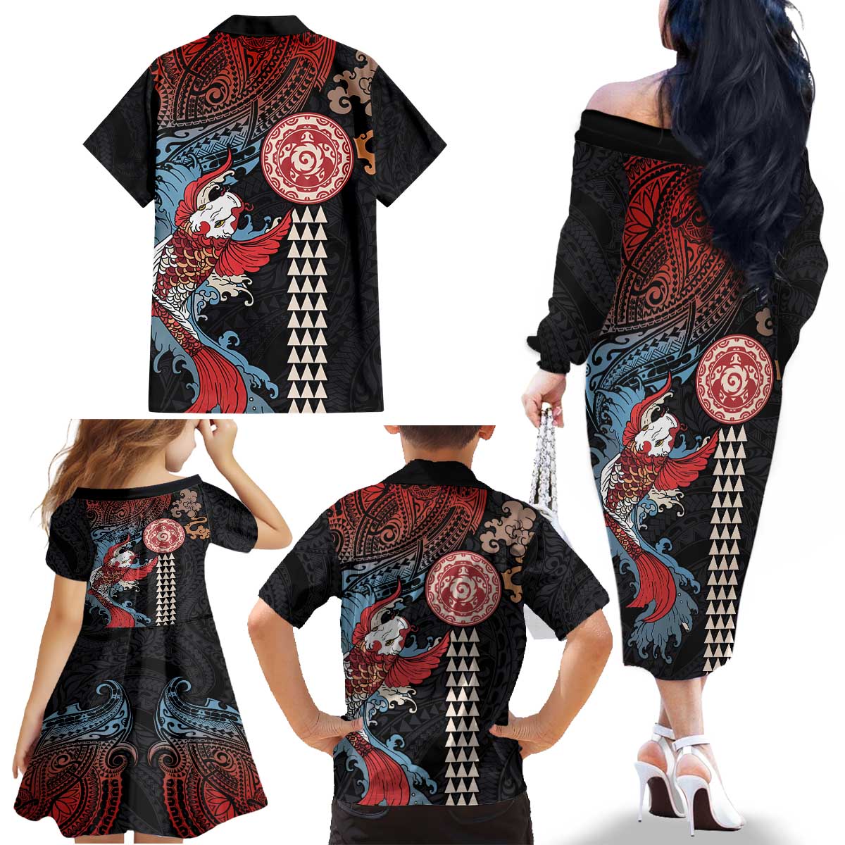 Hawaii and Japanese Together Family Matching Off The Shoulder Long Sleeve Dress and Hawaiian Shirt Koi Fish and Kakau Pattern LT03 - Polynesian Pride