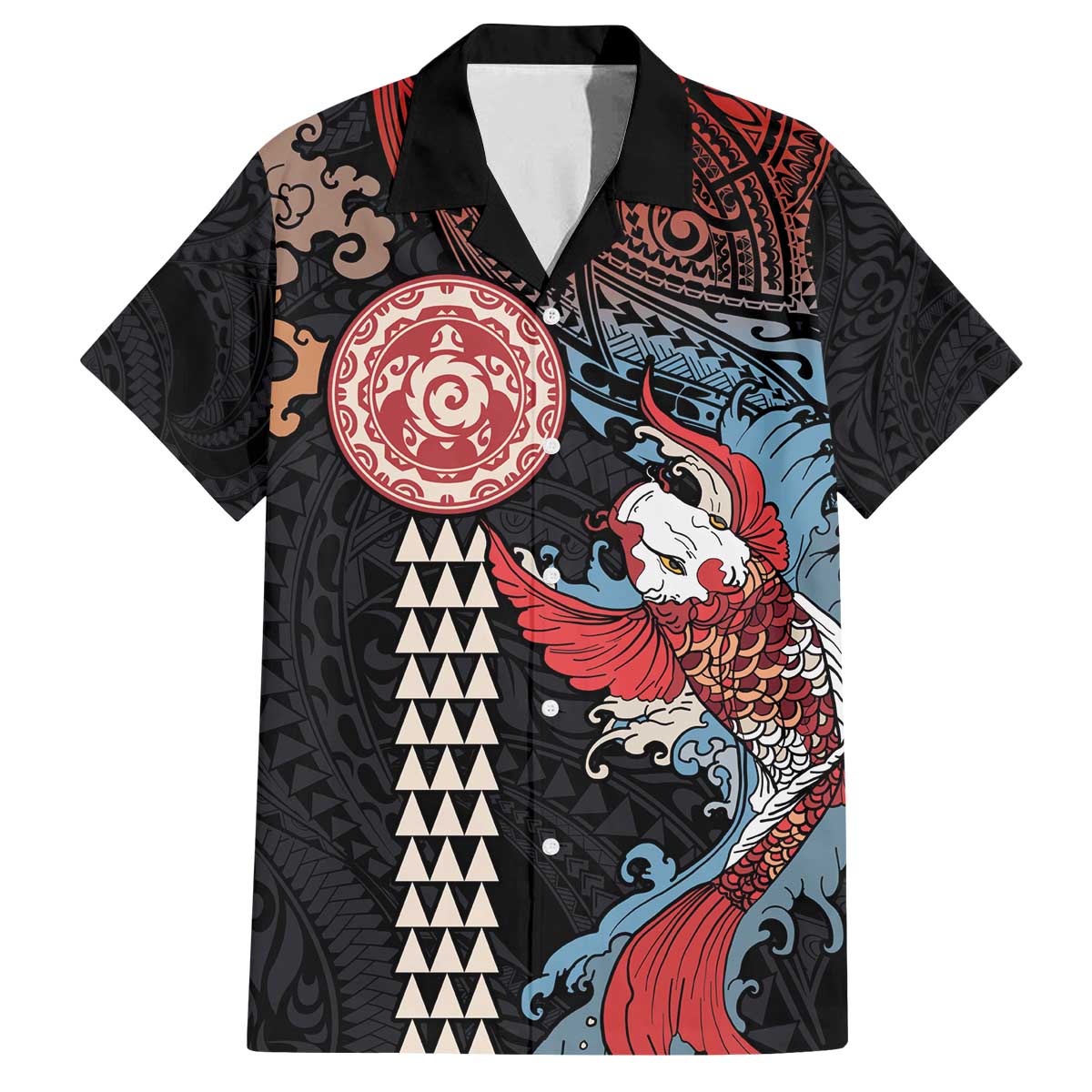 Hawaii and Japanese Together Family Matching Off The Shoulder Long Sleeve Dress and Hawaiian Shirt Koi Fish and Kakau Pattern LT03 Dad's Shirt - Short Sleeve Black - Polynesian Pride