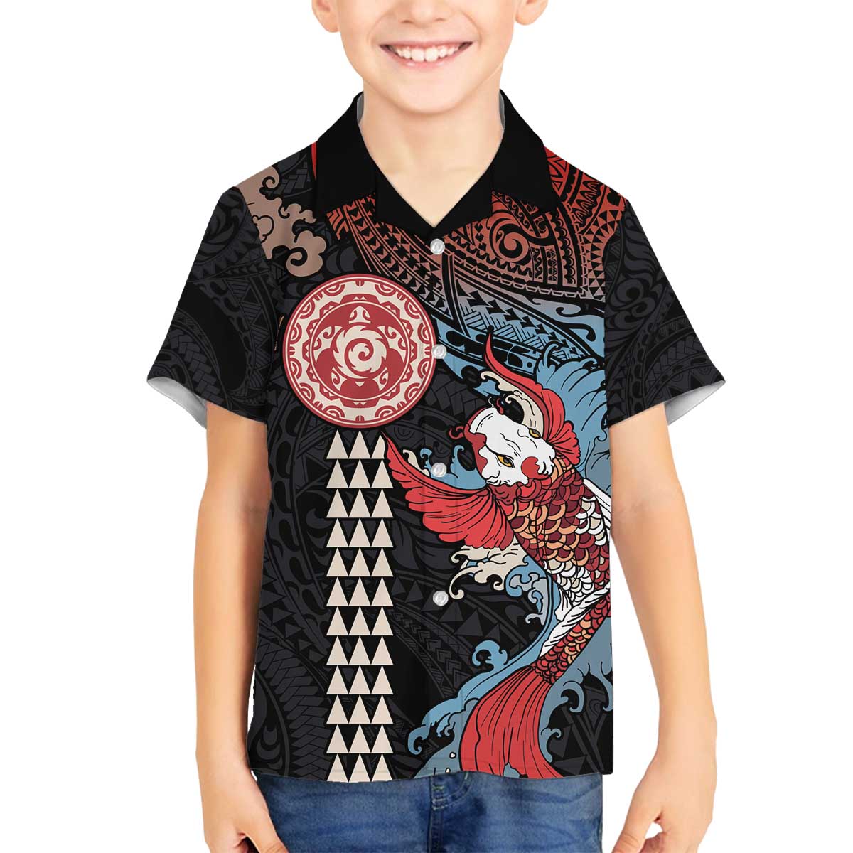 Hawaii and Japanese Together Family Matching Off The Shoulder Long Sleeve Dress and Hawaiian Shirt Koi Fish and Kakau Pattern LT03 Son's Shirt Black - Polynesian Pride