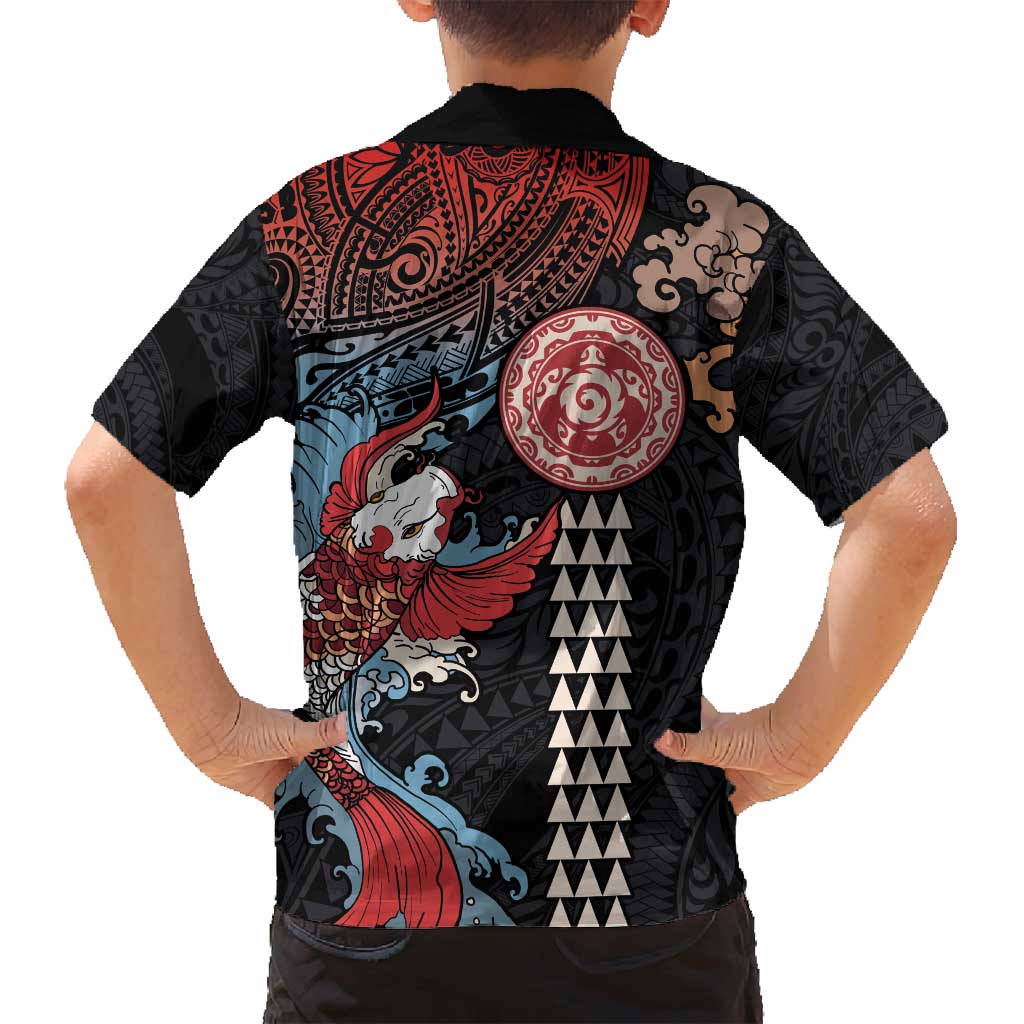 Hawaii and Japanese Together Family Matching Off Shoulder Short Dress and Hawaiian Shirt Koi Fish and Kakau Pattern LT03 - Polynesian Pride