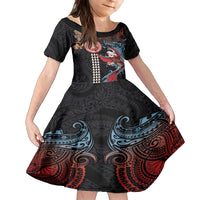 Hawaii and Japanese Together Family Matching Off Shoulder Short Dress and Hawaiian Shirt Koi Fish and Kakau Pattern LT03 Daughter's Dress Black - Polynesian Pride