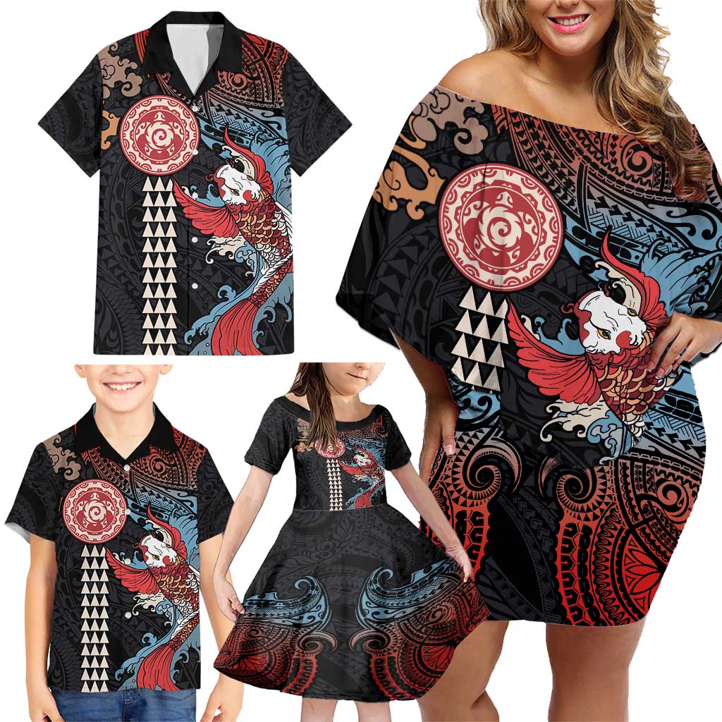 Hawaii and Japanese Together Family Matching Off Shoulder Short Dress and Hawaiian Shirt Koi Fish and Kakau Pattern LT03 - Polynesian Pride