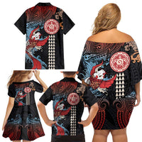 Hawaii and Japanese Together Family Matching Off Shoulder Short Dress and Hawaiian Shirt Koi Fish and Kakau Pattern LT03 - Polynesian Pride