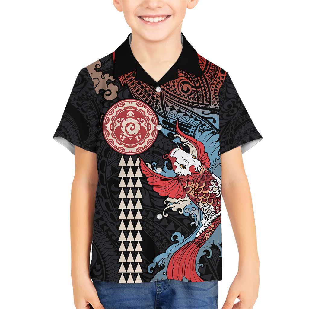 Hawaii and Japanese Together Family Matching Off Shoulder Short Dress and Hawaiian Shirt Koi Fish and Kakau Pattern LT03 Son's Shirt Black - Polynesian Pride
