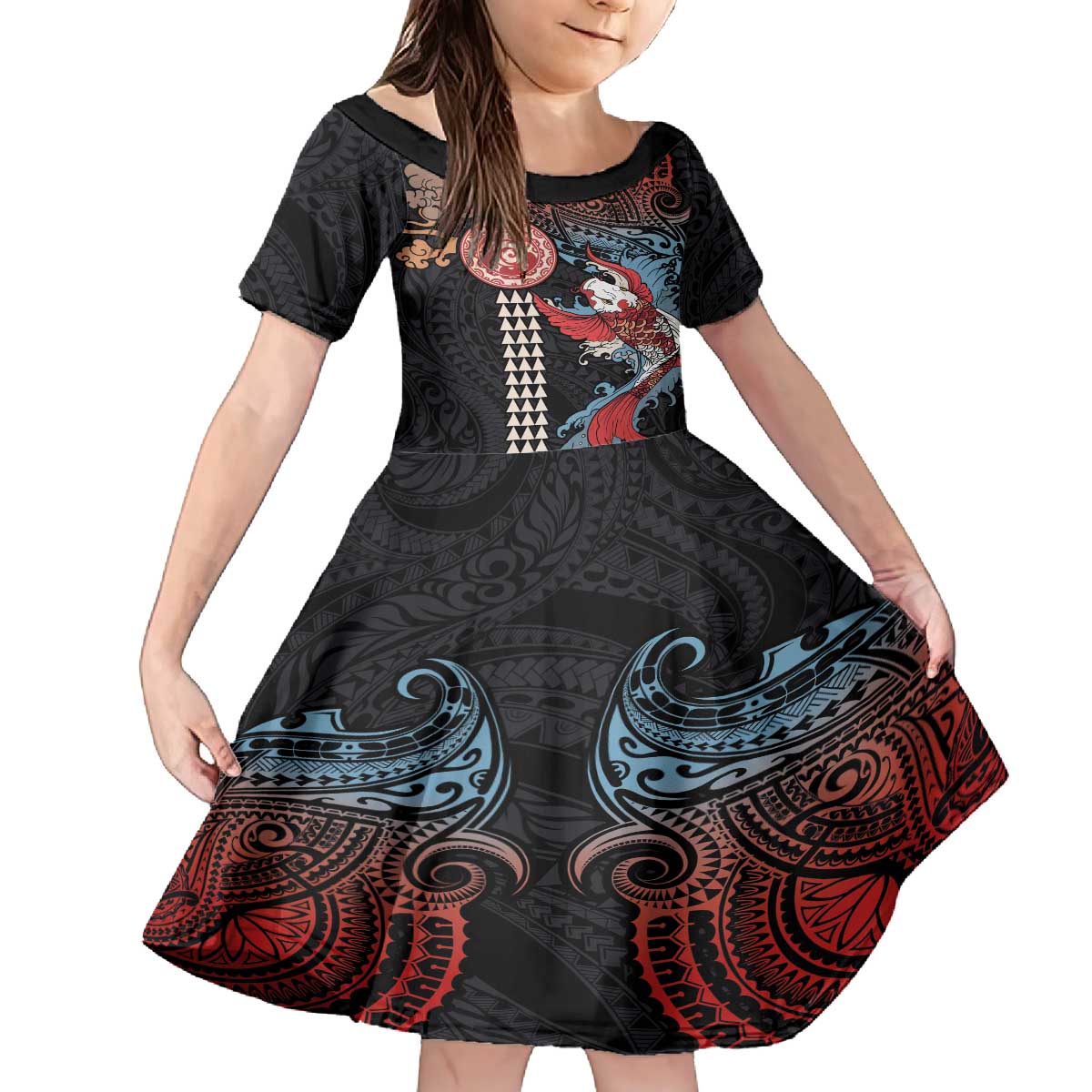 Hawaii and Japanese Together Family Matching Puletasi and Hawaiian Shirt Koi Fish and Kakau Pattern