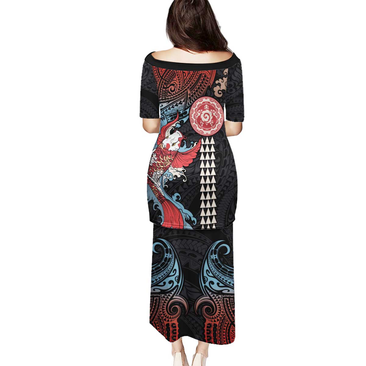 Hawaii and Japanese Together Family Matching Puletasi and Hawaiian Shirt Koi Fish and Kakau Pattern