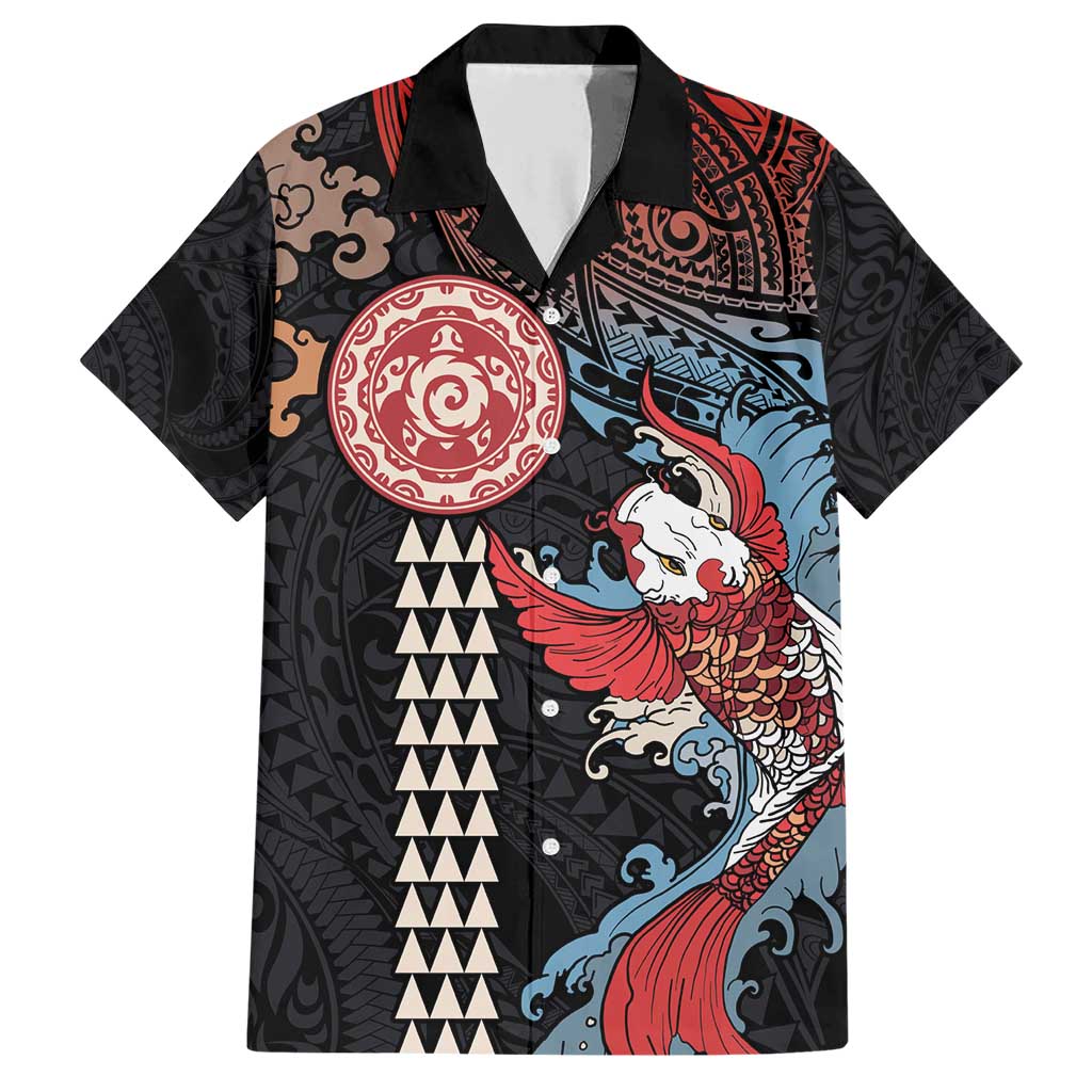 Hawaii and Japanese Together Family Matching Short Sleeve Bodycon Dress and Hawaiian Shirt Koi Fish and Kakau Pattern LT03 Dad's Shirt - Short Sleeve Black - Polynesian Pride