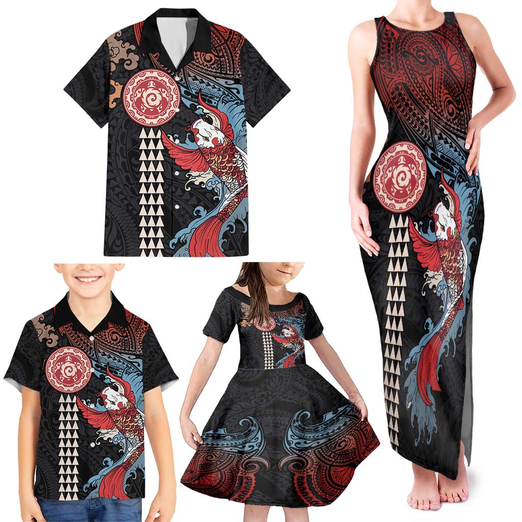 Hawaii and Japanese Together Family Matching Tank Maxi Dress and Hawaiian Shirt Koi Fish and Kakau Pattern LT03 - Polynesian Pride