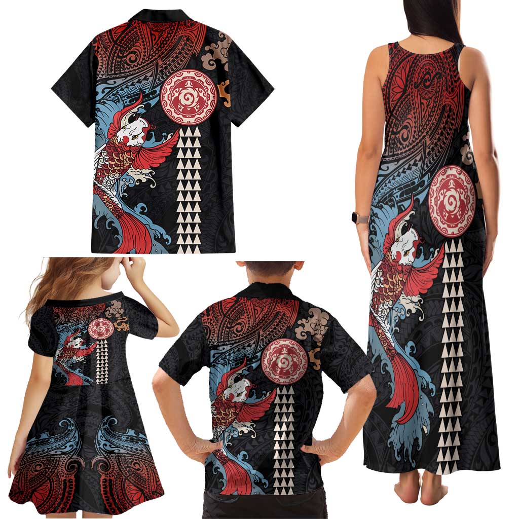 Hawaii and Japanese Together Family Matching Tank Maxi Dress and Hawaiian Shirt Koi Fish and Kakau Pattern LT03 - Polynesian Pride