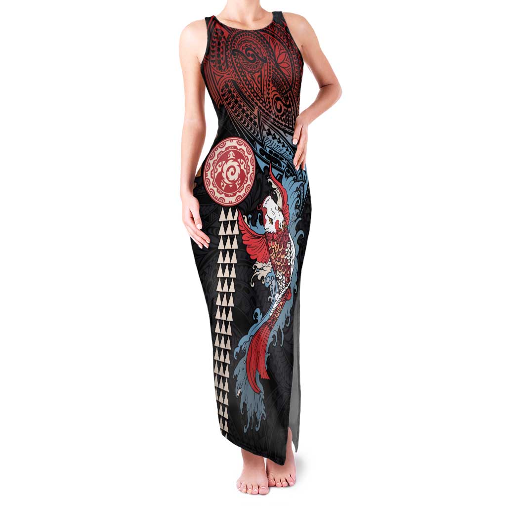 Hawaii and Japanese Together Family Matching Tank Maxi Dress and Hawaiian Shirt Koi Fish and Kakau Pattern LT03 Mom's Dress Black - Polynesian Pride