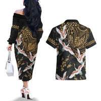 Hawaii and Japanese Together Couples Matching Off The Shoulder Long Sleeve Dress and Hawaiian Shirt Cranes Birds with Kakau Pattern